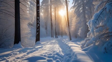 winter landscape with snow covered trees, winter in the forest, winter scene in the forest, snow covered trees