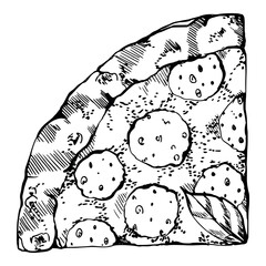 Hand drawn vector ink illustration. Pepperoni pizza slice, mozzarella tomato basil, Italian cuisine. Single object isolated on white. Design restaurant menu cafe, food shop or package, flyer print.