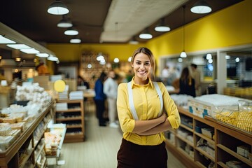 A young woman manager on background of fresh and healthy food in a supermarket, with a smile.