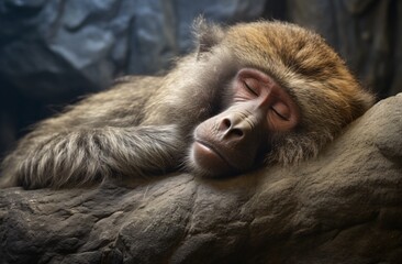 a female brown baboon is sleeping in front of a rock, contemporary portrait, realism with surrealistic elements, heian period