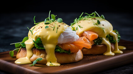 Eggs Benedict, featuring a layer of smoked salmon, and a perfectly poached egg with hollandaise sauce
