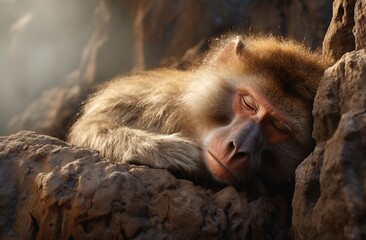 a female brown baboon is sleeping in front of a rock, contemporary portrait, realism with surrealistic elements, heian period