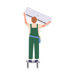 Technician worker cartoon character installing wall air conditioner isolated on white background
