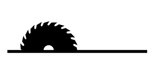 Cartoon circular blades icon or symbol. Drawing half logo. Circular saw blade for woodworking machine, sawing machine. Electric saw, circle. Vector - obrazy, fototapety, plakaty