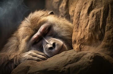 a female brown baboon is sleeping in front of a rock, contemporary portrait, realism with surrealistic elements, heian period - obrazy, fototapety, plakaty