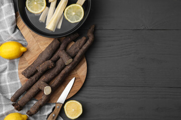 Raw salsify roots with lemon on grey wooden table, flat lay. Space for text