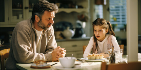 Grey-haired father sitting in kitchen with defiant young daughter.