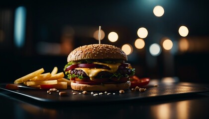 Tasty Hamburger with cheese, meat, tomato, onion, salad, bread. Fastfood