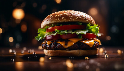 Tasty Hamburger with cheese, meat, tomato, onion, salad, bread. Fastfood