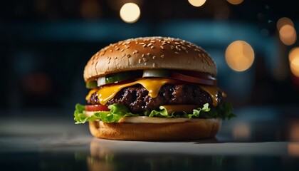 Tasty Hamburger with cheese, meat, tomato, onion, salad, bread. Fastfood