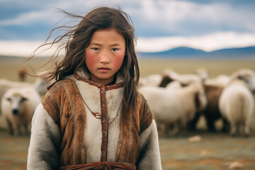 A Mongolian little girl in traditional clothing, standing proudly on the vast Mongolian steppe, with yurts in the distance and herds of livestock - obrazy, fototapety, plakaty