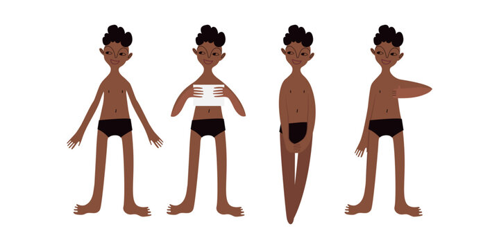 Four Latin American boys in swimsuits. Calm standing poses: thumbs up, piece of paper in hands. Brown skin tone and dark hair. Vector illustration in flat style