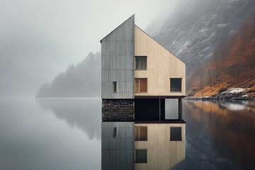traditional norwegian wooden house to stand at the lakeside and mountains in the distance.