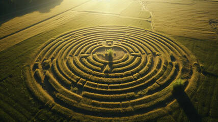 Aerial drone view of large crop circles in grain or grass field, concept of aliens and extraterrestrials