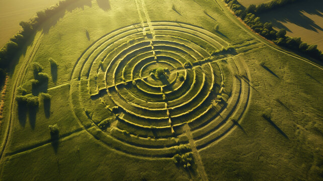 Aerial drone view of large crop circles in grain or grass field, concept of aliens and extraterrestrials
