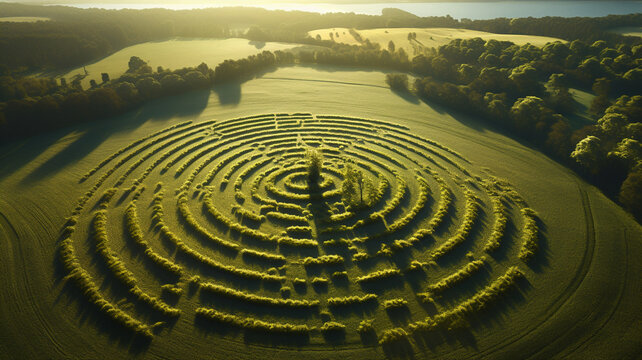 Aerial drone view of large crop circles in grain or grass field, concept of aliens and extraterrestrials