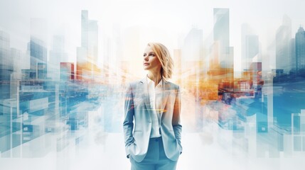 Businesswoman and cityscape blend in captivating double exposure photography - Powered by Adobe