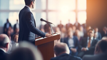 Confident presenter stands at a podium addressing an attentive audience in a spacious auditorium. Professional public speaking and engaging communication in a conference or lecture setting. - obrazy, fototapety, plakaty