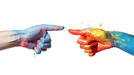 Hands with painted fingers and thumbs interlocked creatively together