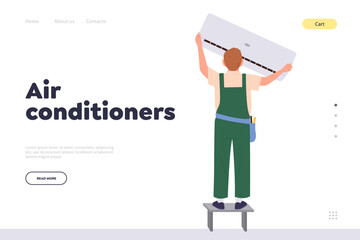 Air conditioners landing page design with master engineer installing and fixing conditioning system