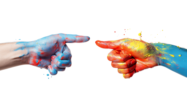 Hands with painted fingers and thumbs interlocked creatively together