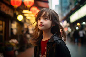 A little Taiwanese girl exploring the bustling streets of Taipei, absorbing the energy of the city and modern Taiwanese culture.