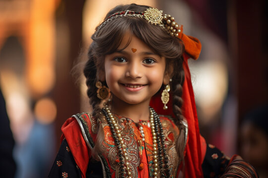A little girl from the Sindhi community in South Asia, adorned in traditional festival attire, participating in a lively cultural celebration.