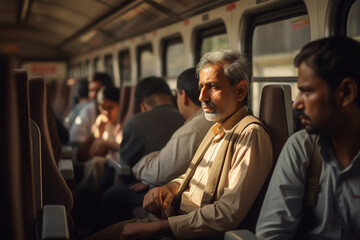 Photo of passengers inside of  busy moving train or metro in city, public transport 