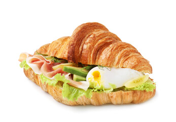 Delicious croissant with prosciutto, avocado and egg isolated on white