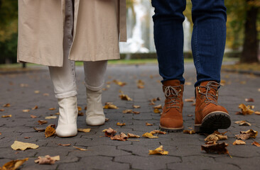 Young couple walking in autumn park, closeup