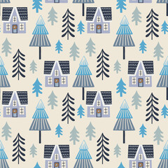 Obraz premium Christmas holiday vector seamless pattern in Scandinavian style, flat illustration.