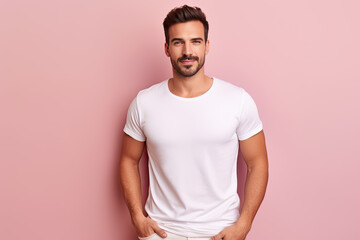 hombre español de treinta años con camiseta blanca sobre fondo rosa claro pastel