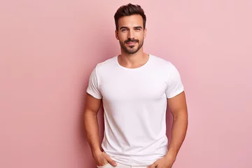 Fotobehang hombre español de treinta años con camiseta blanca sobre fondo rosa claro pastel © Helena GARCIA