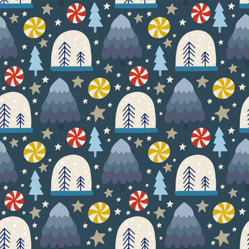 Christmas holiday vector seamless pattern in Scandinavian style, flat illustration.