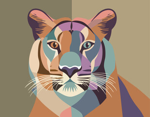 decorative head of a wild cat made of multi-colored geometric segments