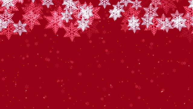 Abstract festive background with animated falling snow white snowflakes frame and shiny spark particles on red backdrop with copy space. Decorative video animation for Christmas or New Year holiday.