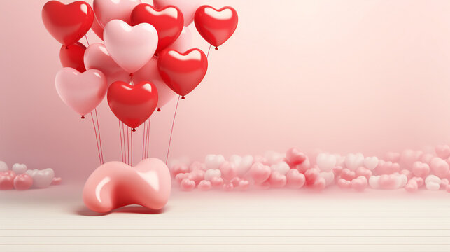 Heart shaped balloons in pink and red valentine background pink with white bubble love generative ai

