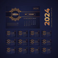 Desk calendar design template 2024,Monthly calendar template for 2024 year,Modern 12 pages desk calendar template
