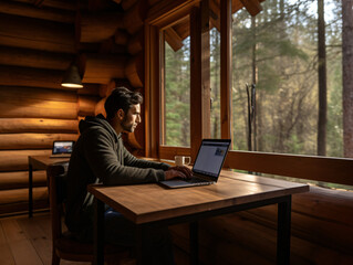 Digital nomad Working in a cottage in the woods
