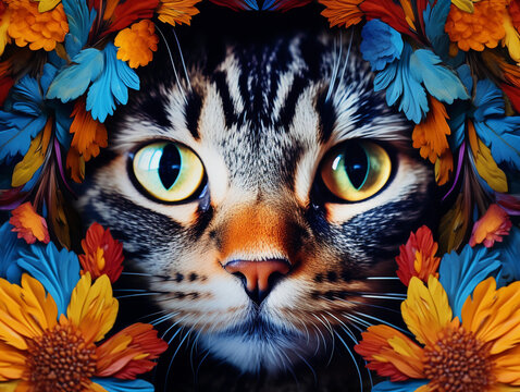 Cat's face, close-up, morphed into a kaleidoscope pattern, colorful, symmetrical