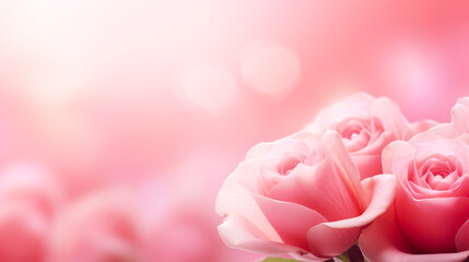 Light pink roses of soft color on a blurred background. Banner.