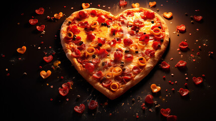 Pizza heart 3d realistic photo with ingredients and copy spase on vintage background Generative AI
