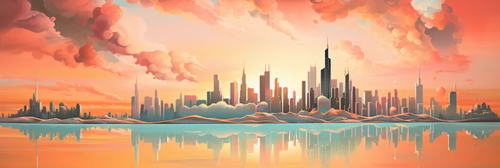 Zelfklevend Fotobehang Melting Chicago skyline, Salvador Dali inspired, warped skyscrapers, surreal sky, pastel shades, sun setting © Gia