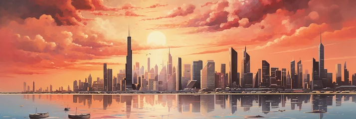 Gordijnen Melting Chicago skyline, Salvador Dali inspired, warped skyscrapers, surreal sky, pastel shades, sun setting © Gia