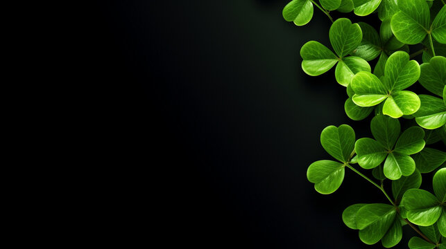 Green clover leaves on a black background. St.Patrick 's Day.