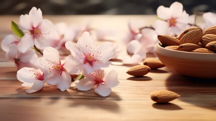Fototapeta na wymiar Almond nuts with almond blossoms on wooden tab