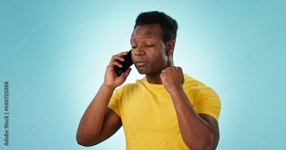 Poster black man, talking and angry phone call or frustrated with customer service, fail or mistake in comm