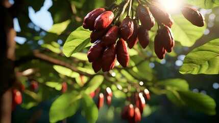 Close-up of cocoa tree with ripe fruits. Genera - obrazy, fototapety, plakaty