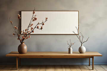 Stylish cozy living room retro style interior with wooden cabinet, cement wall decoration, poster mockup on the wall
