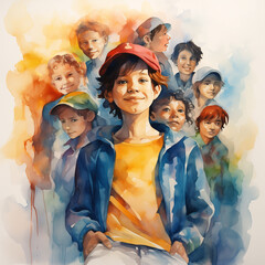Diversity children, friendship concept, emotions. Children run and laugh. Trustworthy, friendly, kind, smiling, cheerful children and teenagers, large group. In the style of a colorful watercolor